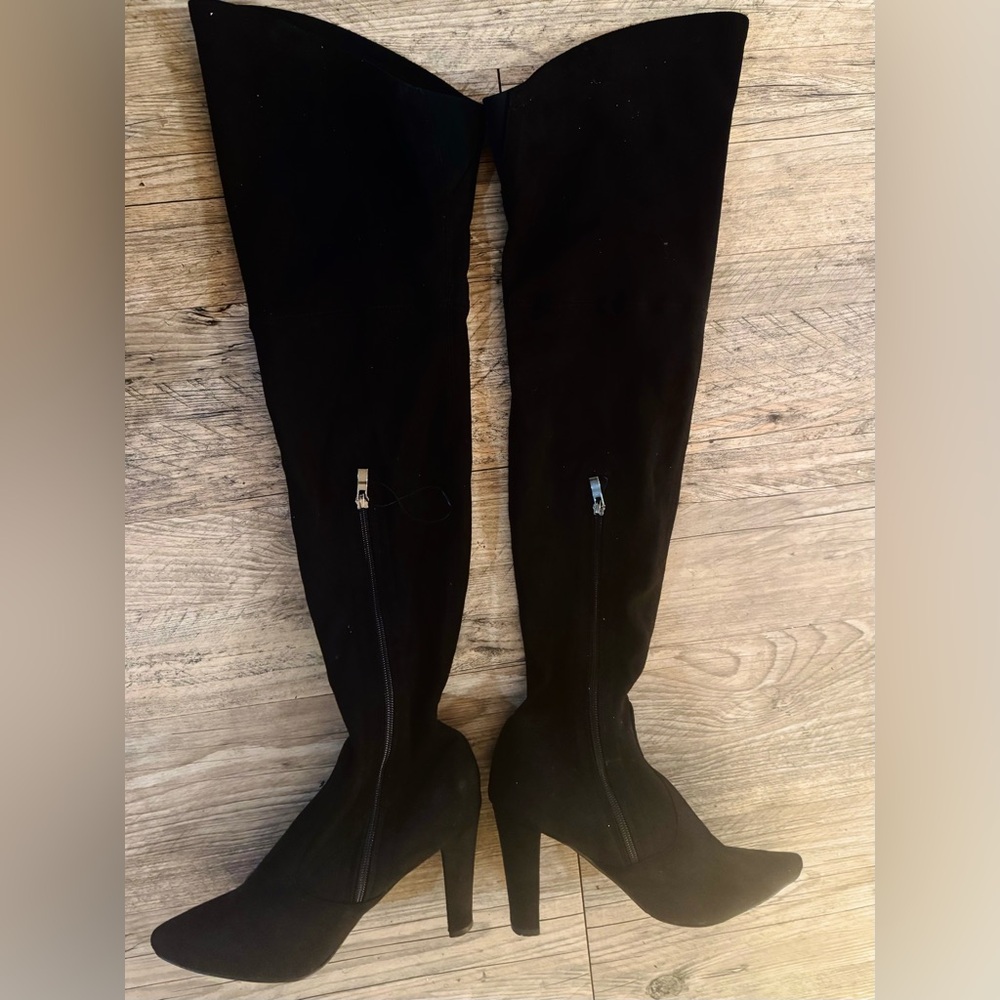 Over-the-Knee Black Suede-Look High Heel Boots